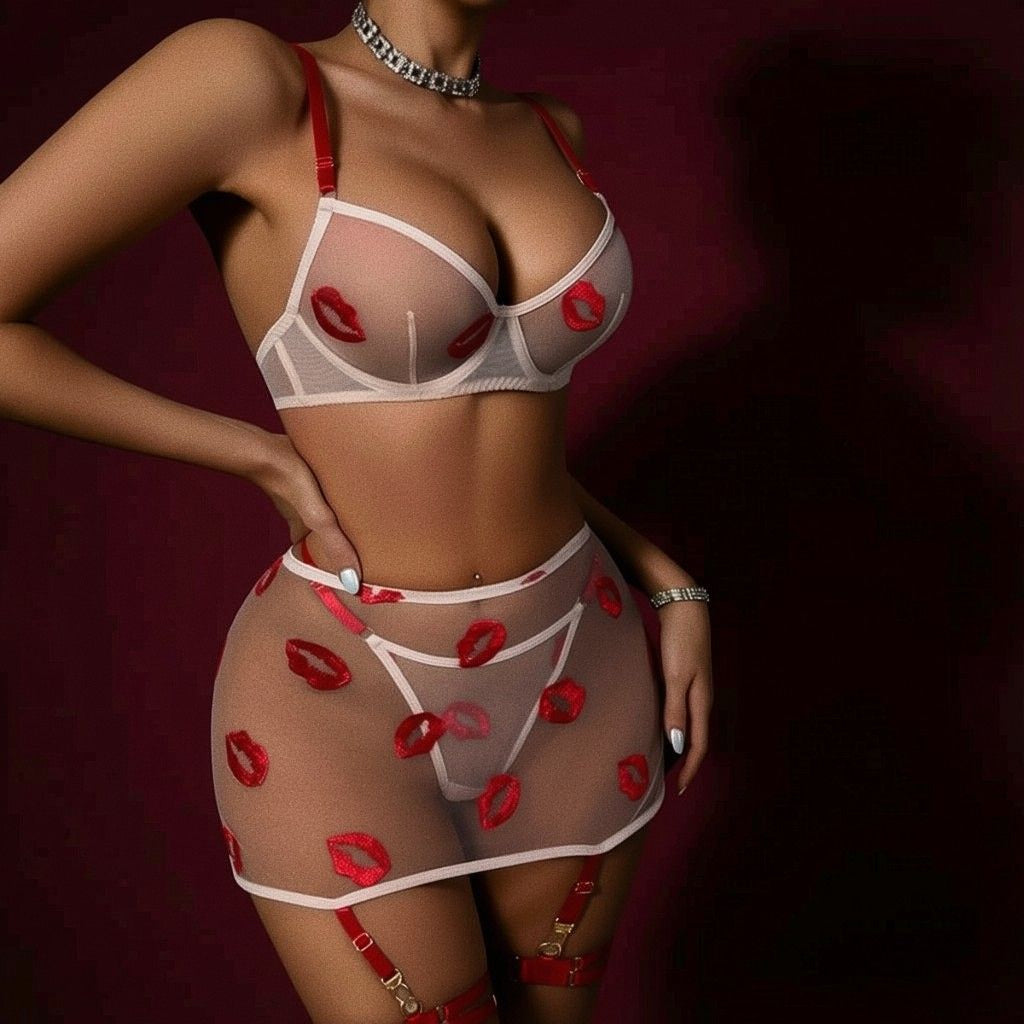 Syrn Lingerie Crimson Kiss: Heavy Embroidery Lip-Motif Sheer Sculpting Set detail image 2