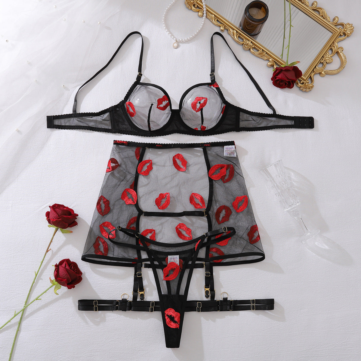 Syrn Lingerie Crimson Kiss: Heavy Embroidery Lip-Motif Sheer Sculpting Set detail image 9