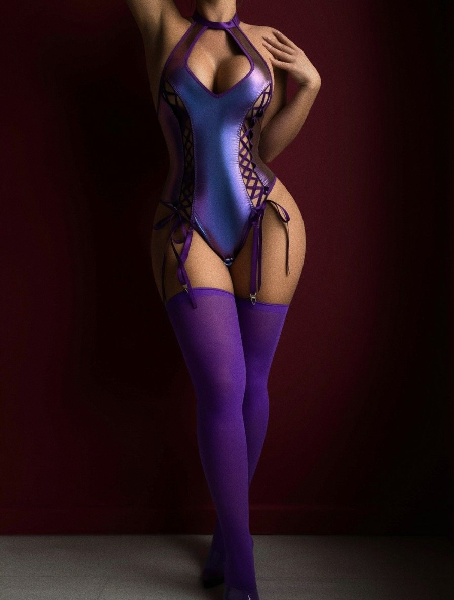 Syrn Lingerie Cyber Siren: Glossy Faux Leather Halter Teddy with Side Lace-Up & Fishnet Stockings detail image 8