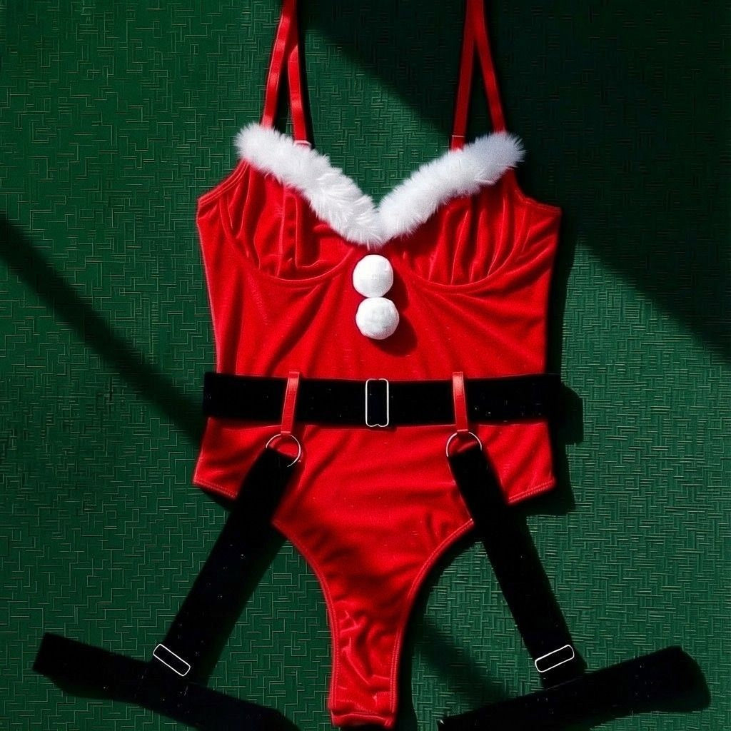 Syrn Lingerie Red Plush Trim Christmas Bodysuit Set detail image 4