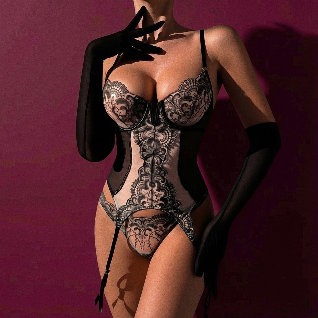 Syrn Lingerie Midnight Bloom: Sheer Floral Embroidery & Mesh Corset Set with Opera Gloves & Underwire Support detail image 3