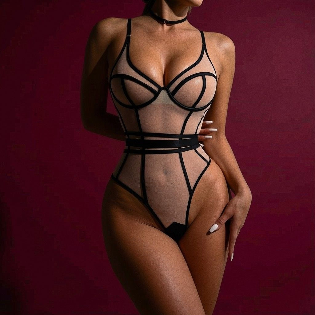 Syrn Lingerie Muse Illusion: Contrast Mesh Sculpting Backless Sheer Bodysuit detail image 5