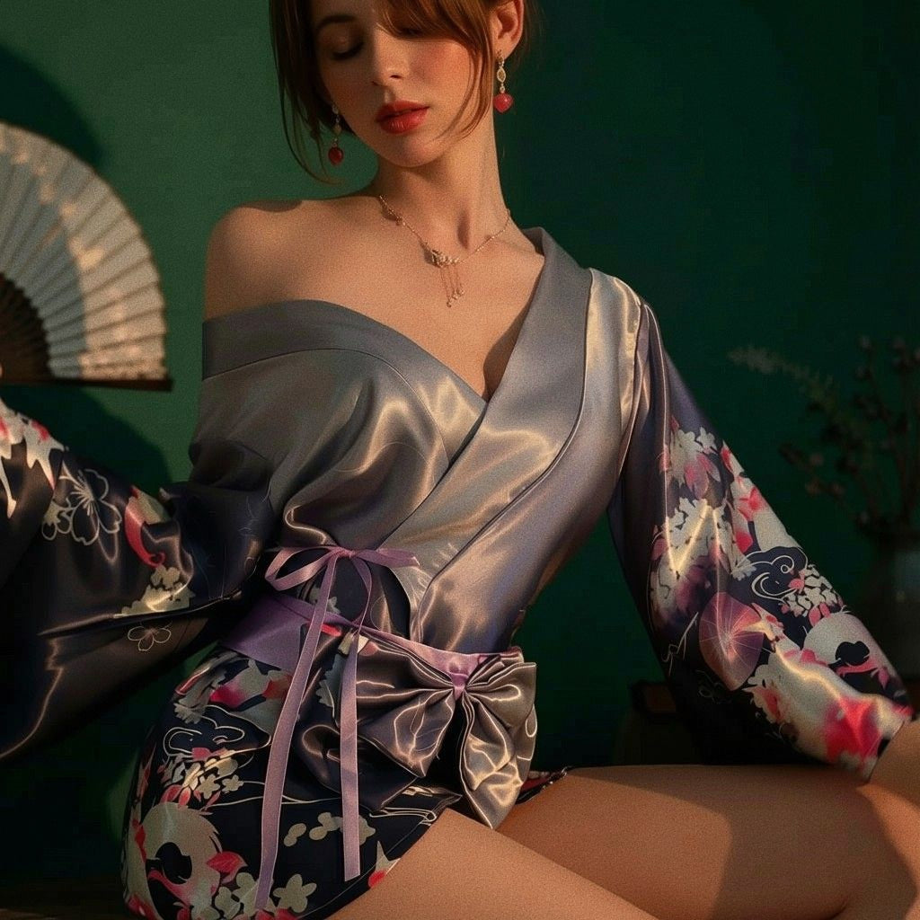 Syrn Lingerie Japanese Fox Dream Purple Floral Kimono Robe detail image 9