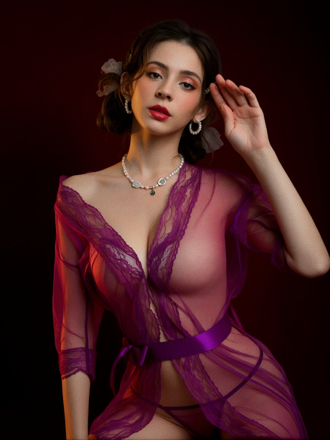 Syrn Lingerie Sheer Tulle Lace Mesh Robe Lingerie Set detail image 3