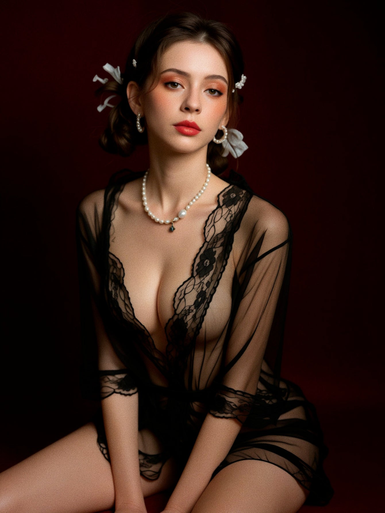 Syrn Lingerie Sheer Tulle Lace Mesh Robe Lingerie Set detail image 4